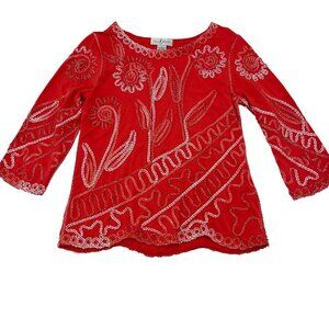 Once 1 Again Vintage Women's size Small Top embroidered beaded Red 3/4 sleeves